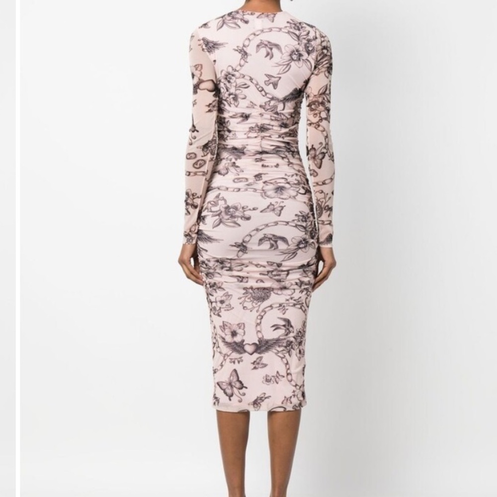 PINKO Slim Fit Tattoo Print Midi Dress ruched mesh long sleeve pink black small - Picture 2 of 13